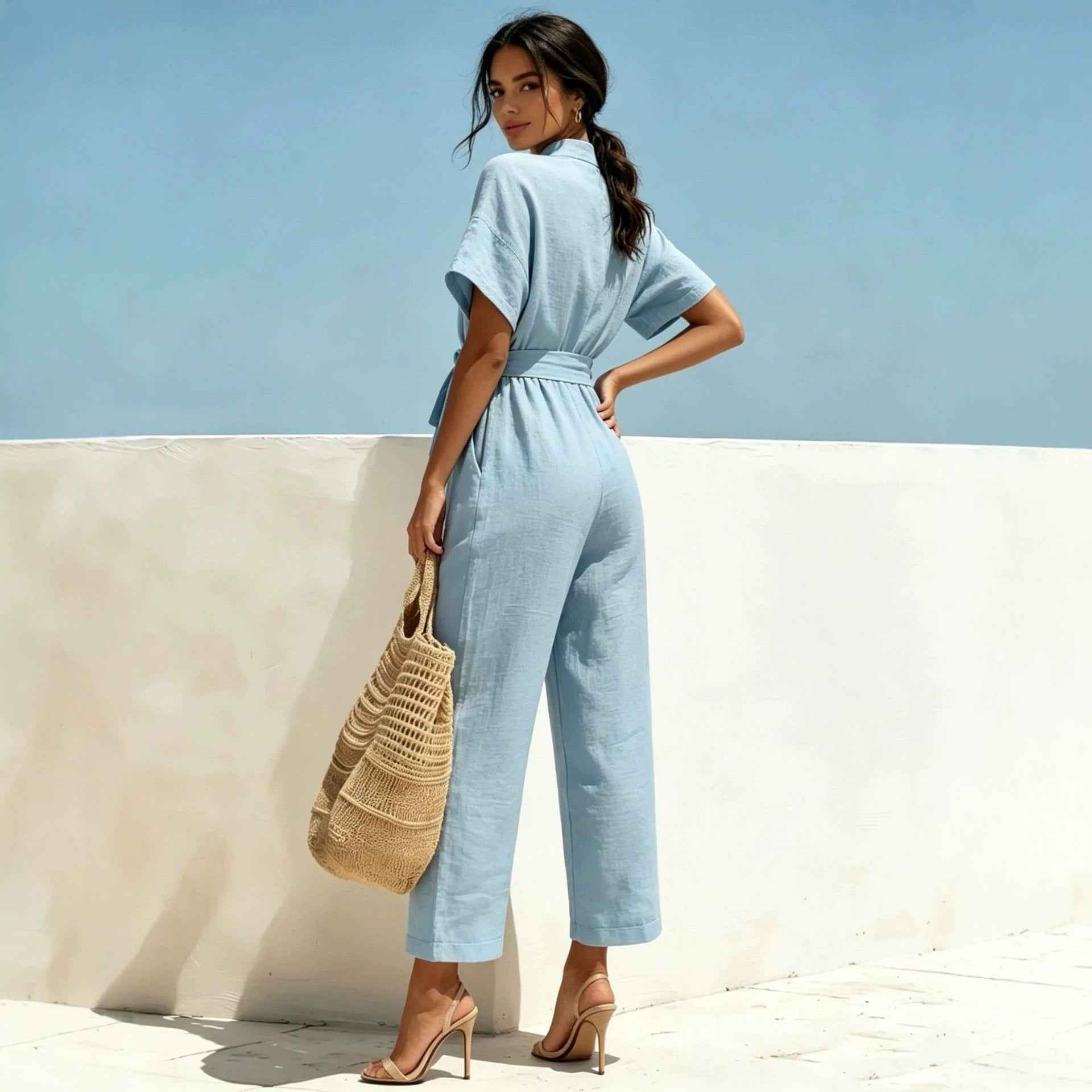 Wide-Leg Jumpsuit with Mock Neck & Tie Detail