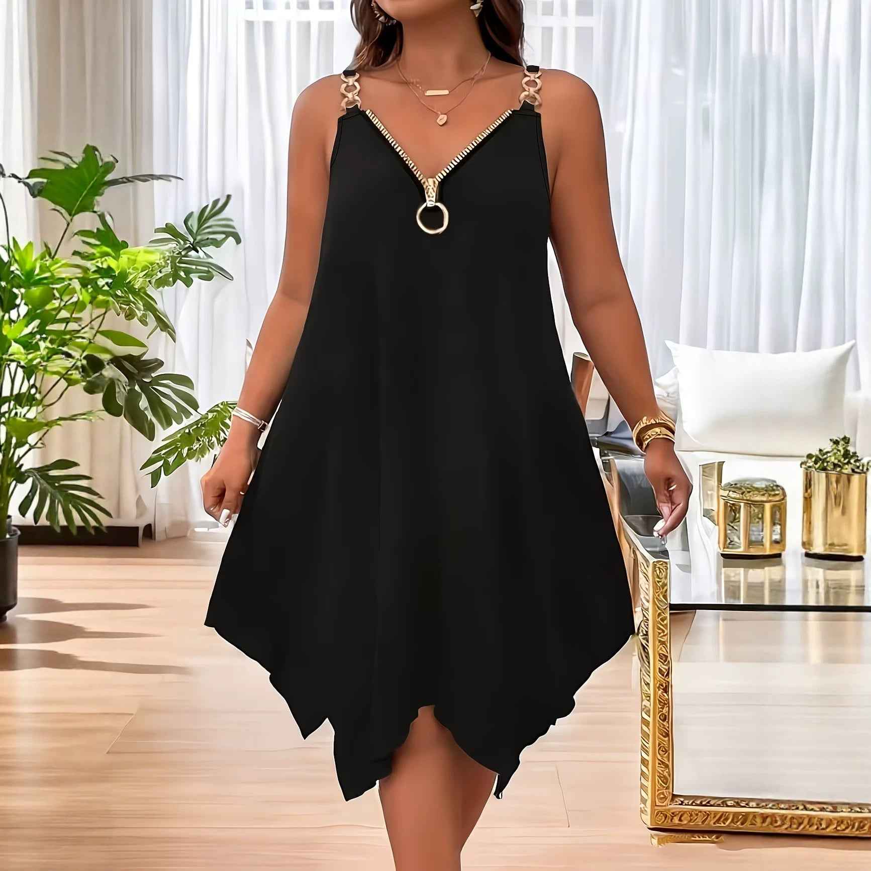 V-Neck Zip-Detail Sleeveless Slip Midi Dress — Relaxed Fit