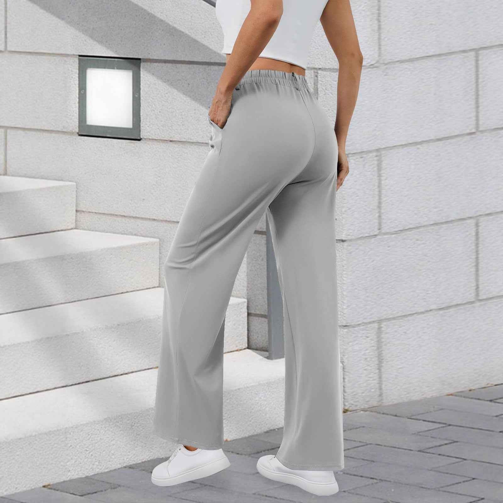 High-Waist Relaxed Casual Trousers – Full Length Solid Colour
