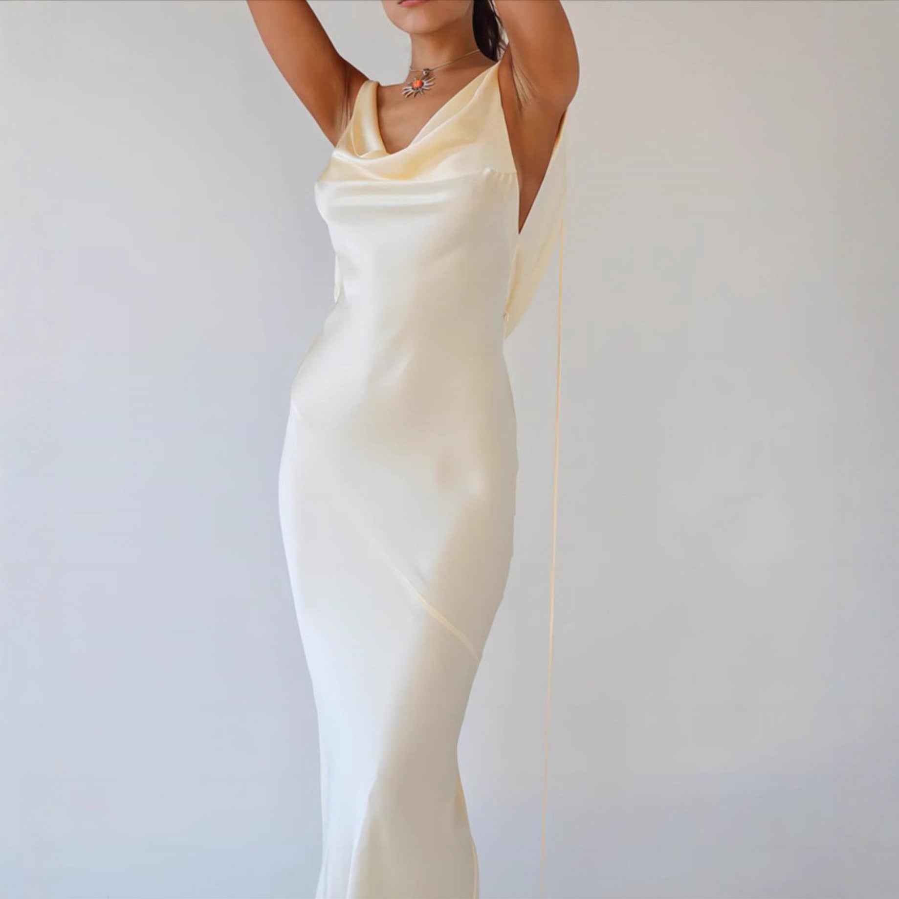 Spaghetti-Strap Open-Back Tie-Detail High-Waist A-Line Satin Maxi Dress