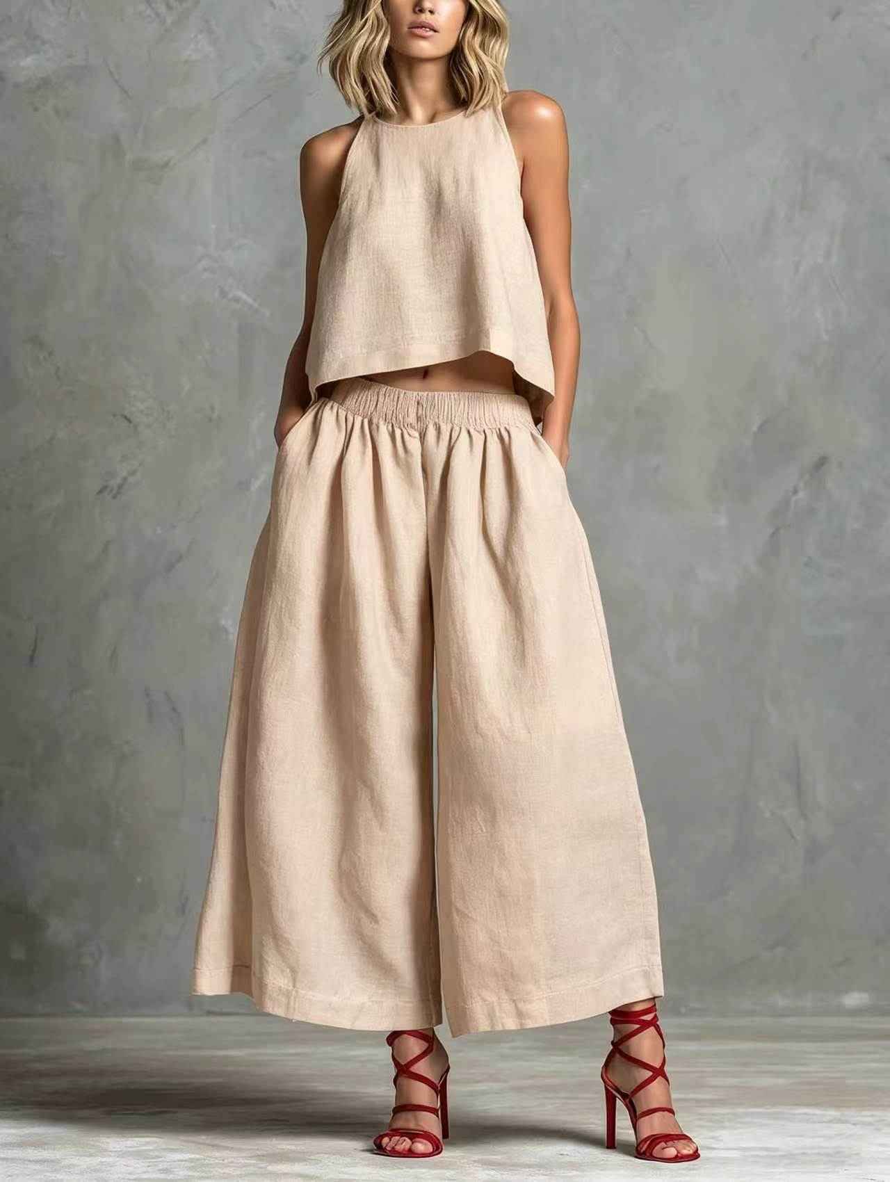 Loose Laid-back Linen Vest And Wide-leg Pants Set