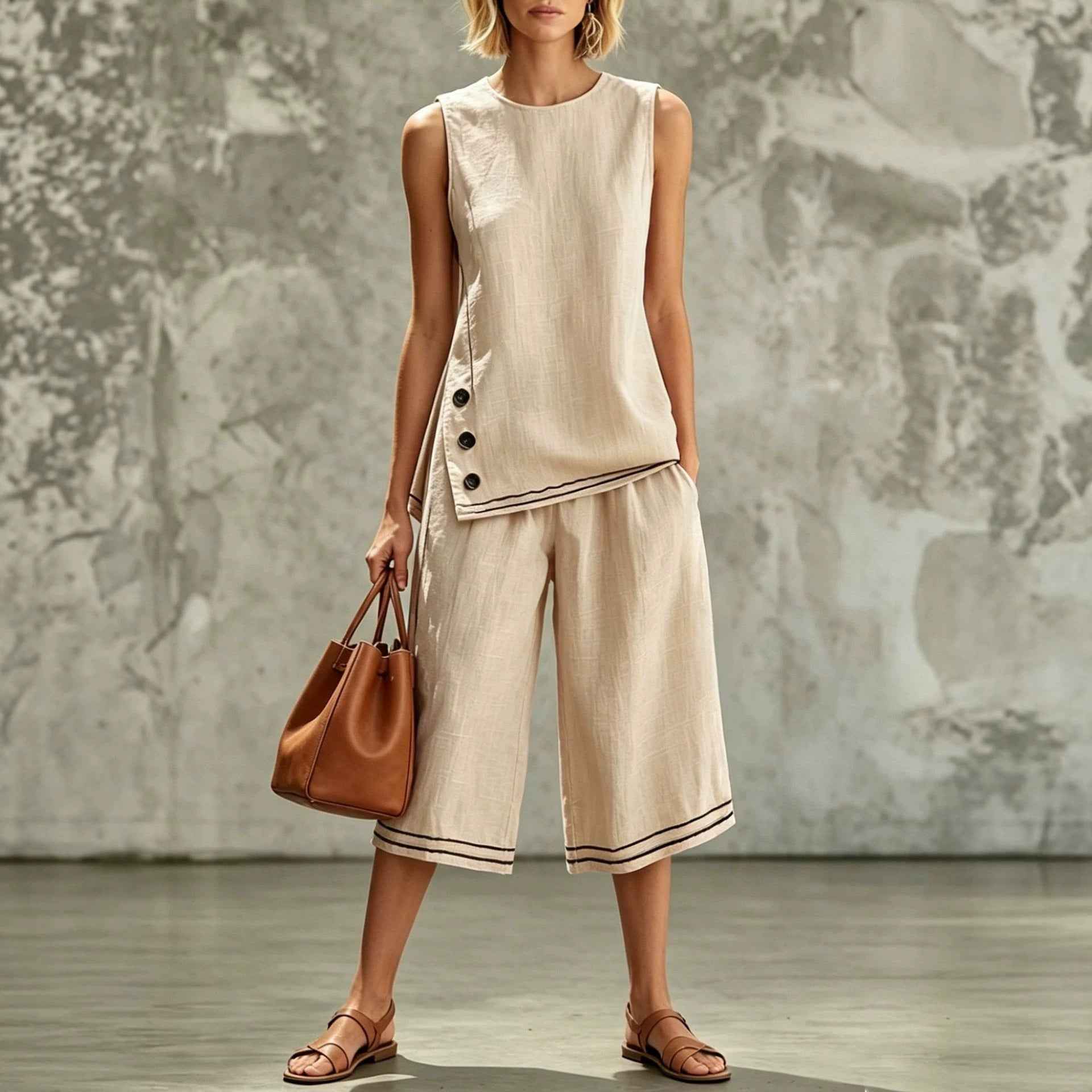 Colour-Block Sleeveless Side-Split Tank Top & Wide-Leg Cropped Pants Two-Piece Set