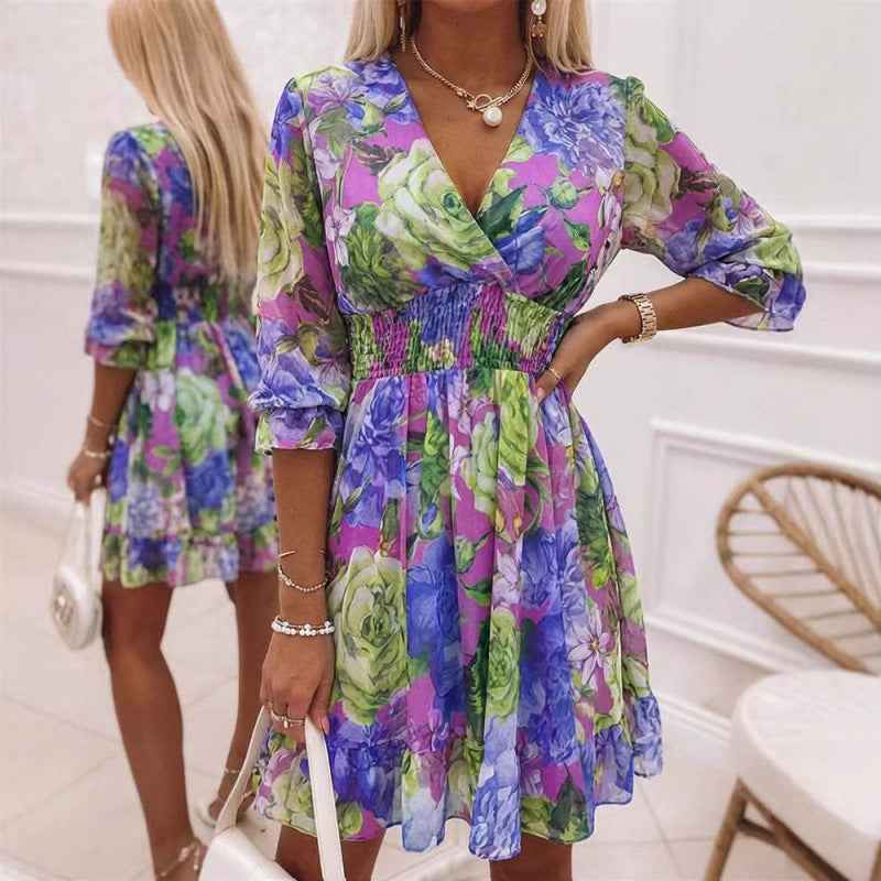 A-line Casual Chiffon Dress With A Fitted Waist And Ruffled Hem