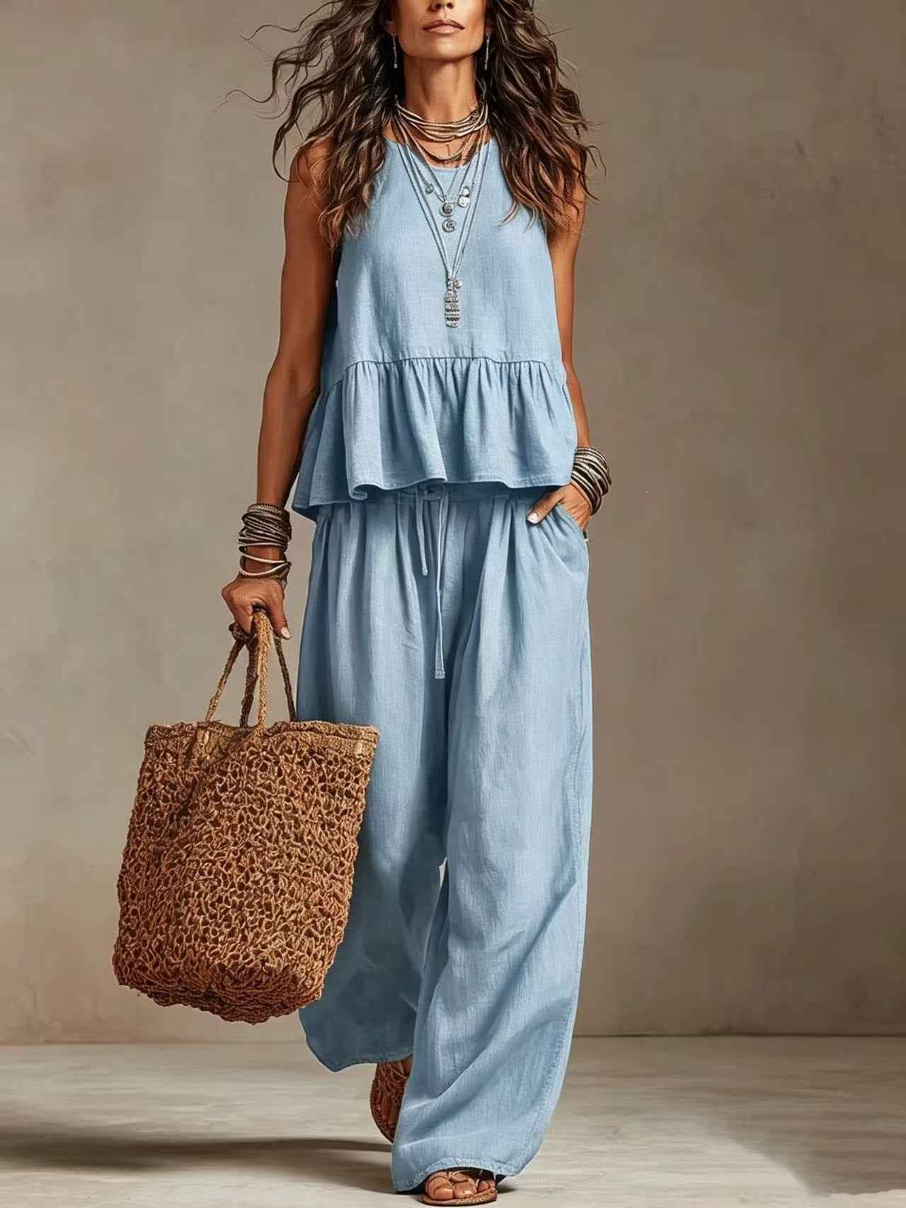 V-Neck Ruffle Hem Sleeveless Crop Top & High Waist Wide Leg Linen Pants Two Piece Outfit Set