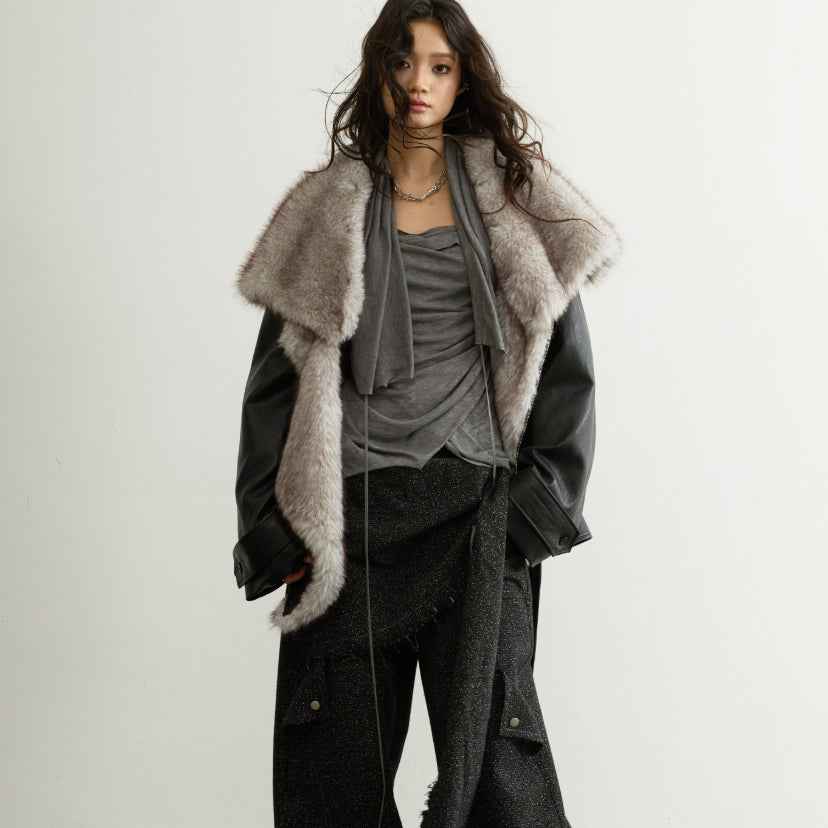 Women's Faux Leather Jacket with Detachable Fur Collar