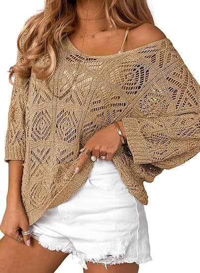 Crochet Hollowed-Out Three-Quarter-Sleeve Pullover Sweater