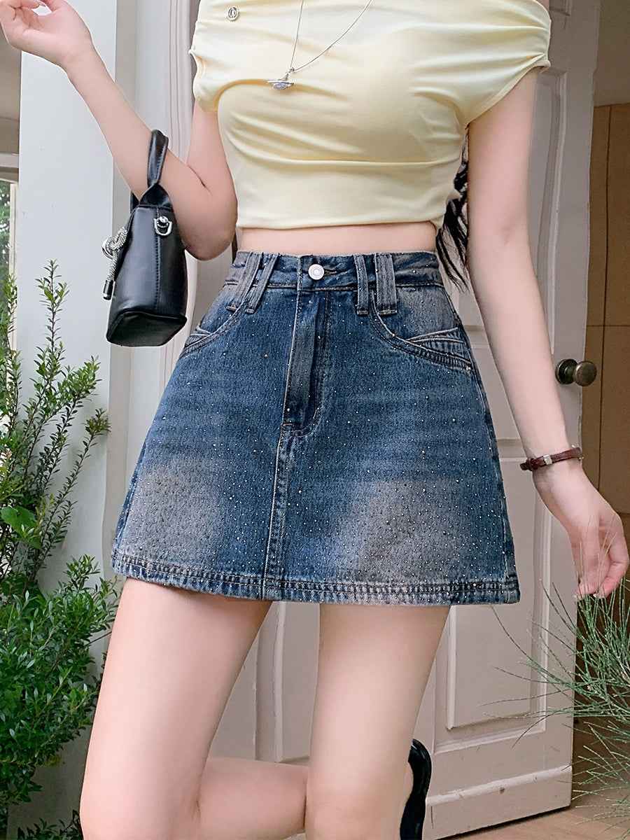 High-Waisted Rhinestone Denim Skort – Sparkly A-Line Mini with Built-in Shorts