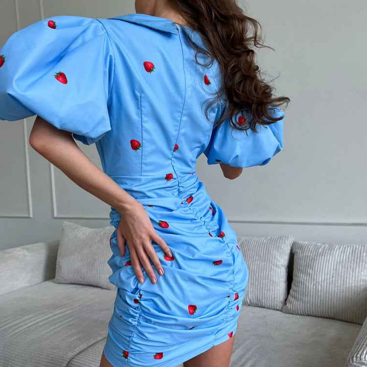 Strawberry Print Puff-Sleeve Pointed Collar Ruched Bodycon Mini Dress