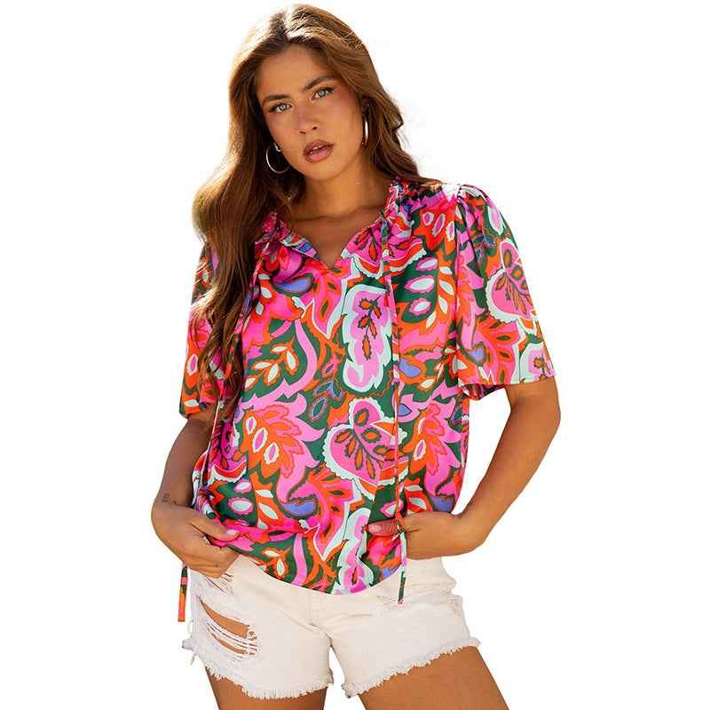 Women's Floral Print Chiffon Blouse – Contrast Detail Pullover Top