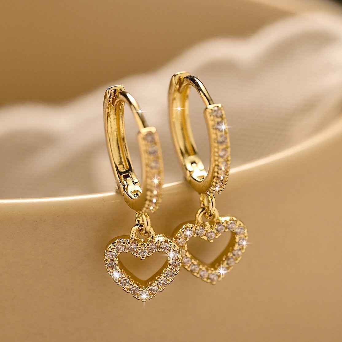 New Vintage Heart Pendant Hoop Earrings For Women 14K Gold Zircon Minimalist Sexy Jewelry