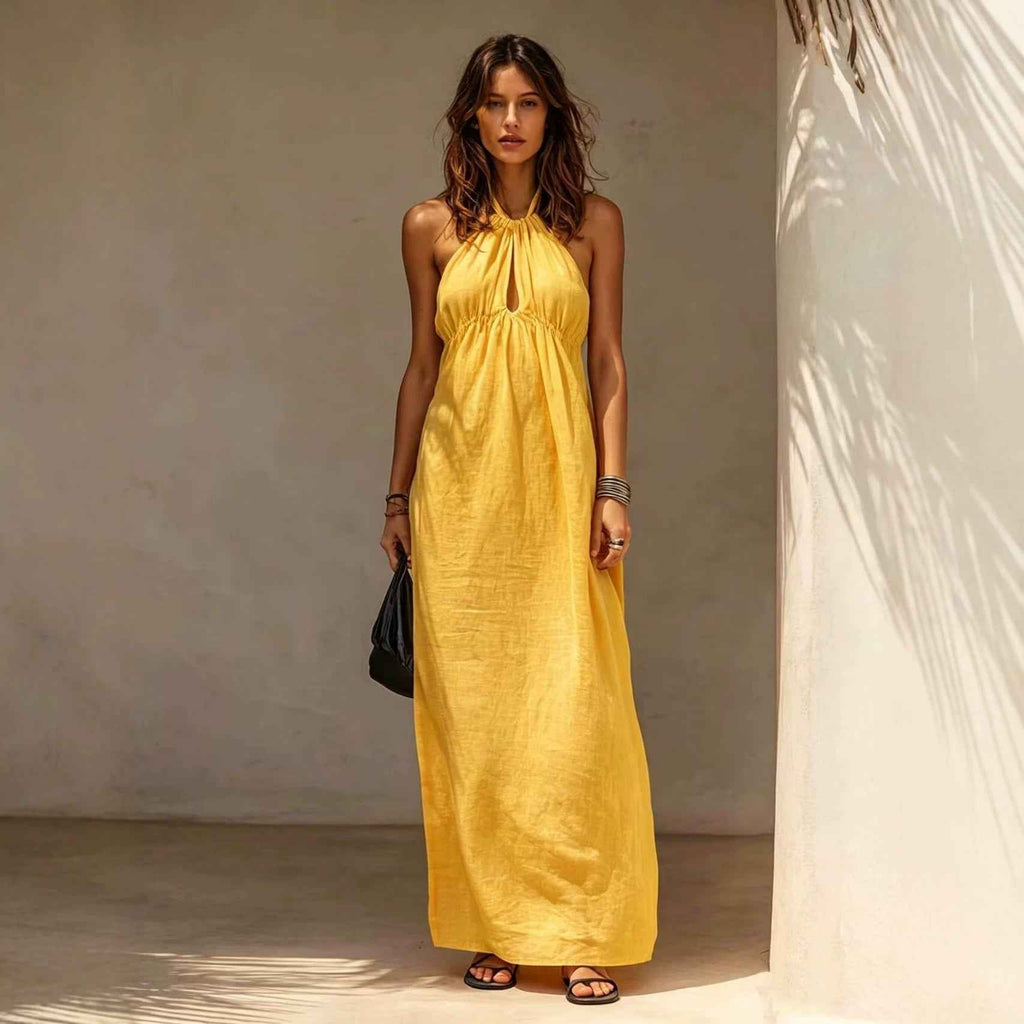 Womens Solid-color Long Halter-neck Dress