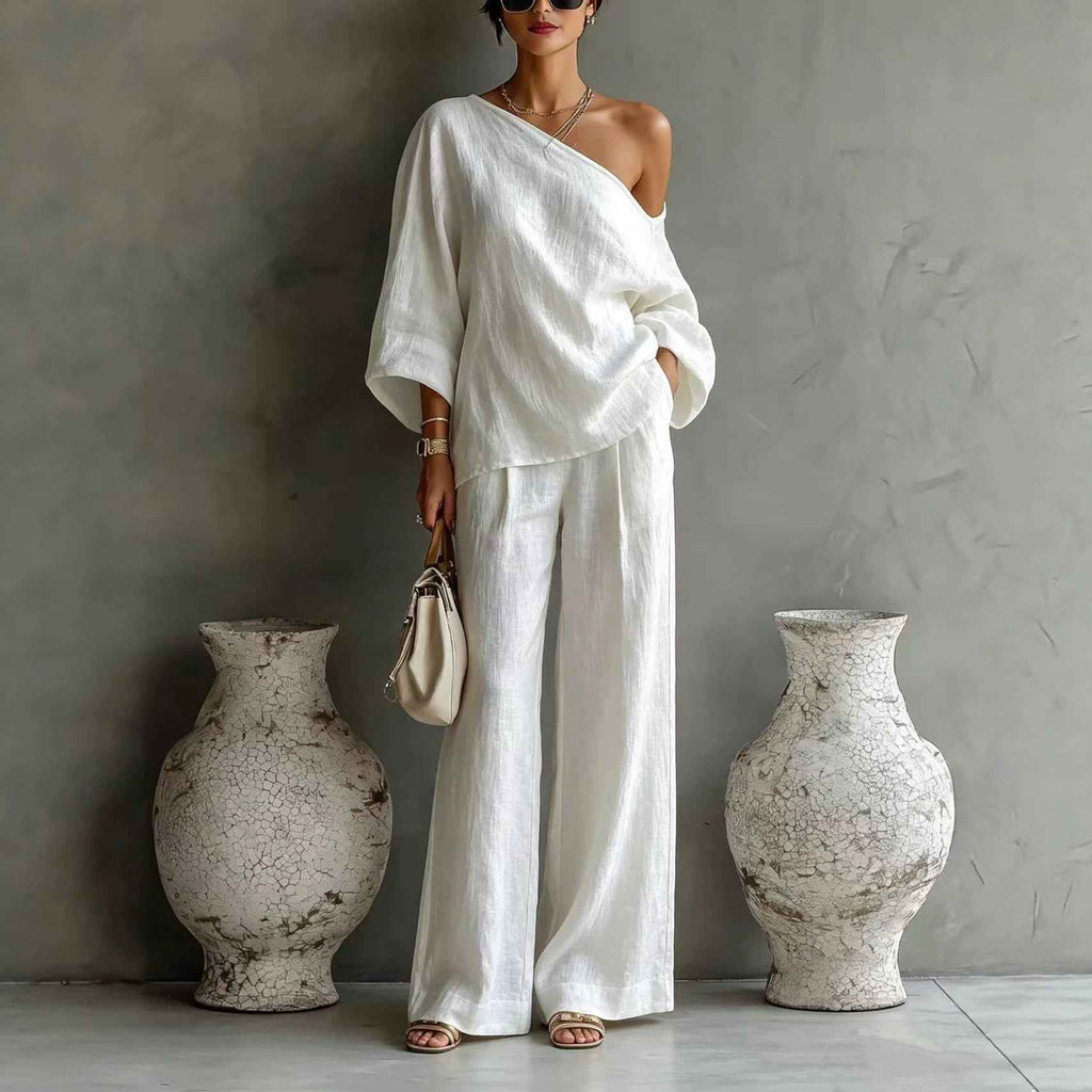Off-Shoulder Knit Top & Wide-Leg Pants Set — 11 Colours