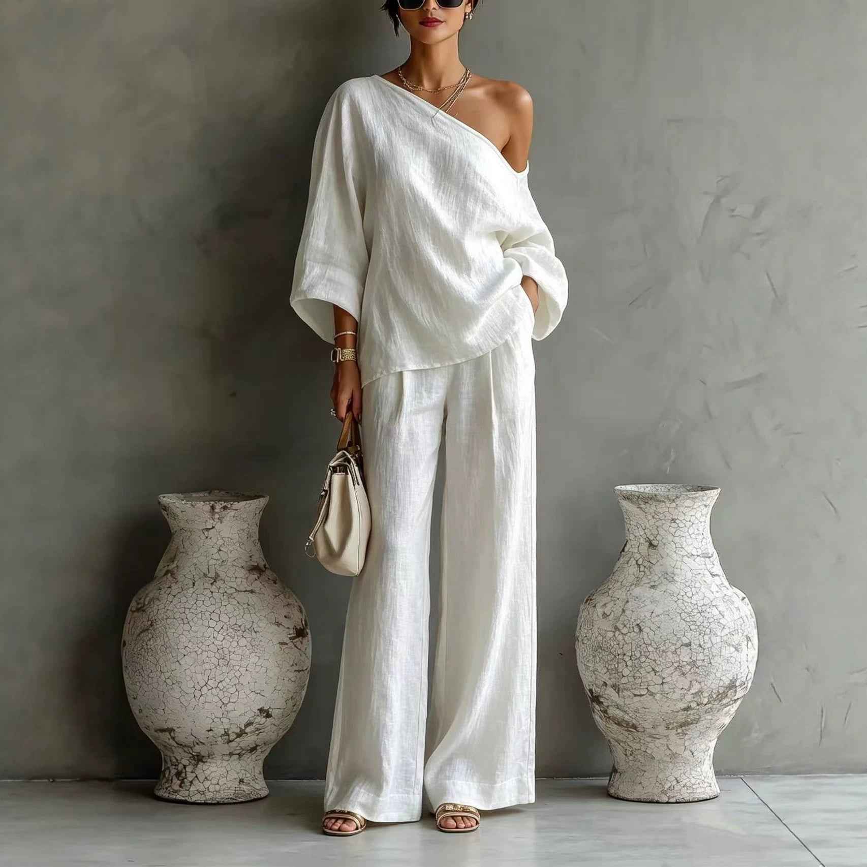 Off-Shoulder Knit Top & Wide-Leg Pants Set — 11 Colours
