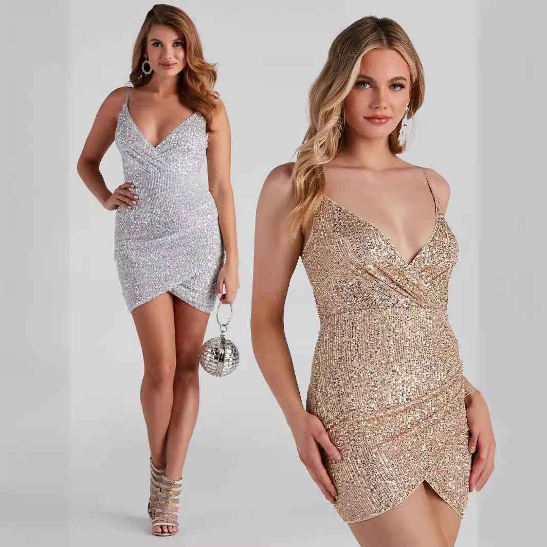 Womens Sexy V-Neck Sequined Bodycon Strap Dress