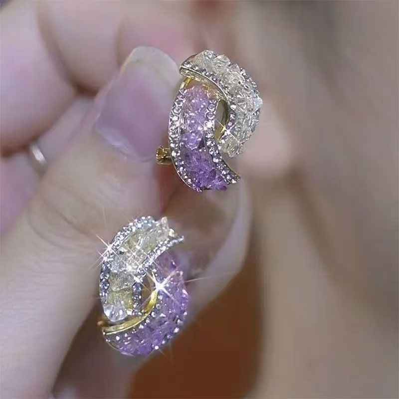 Trendy Purple Rhinestone Color Contrast Studs, Sparkling Niche Earrings For Women