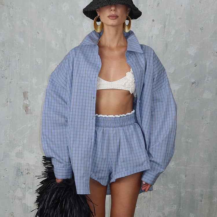 Women's Crinkle Plaid Shirt & Shorts Two-Piece Set