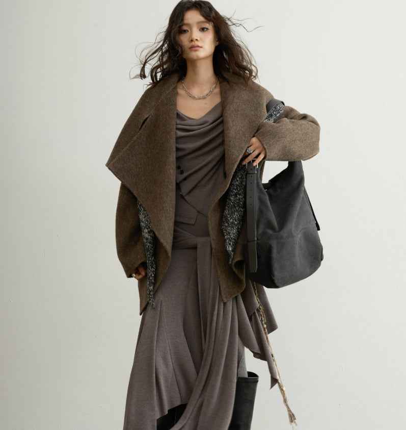 Double-Faced Wool Coat with Belt – Dark Brown
