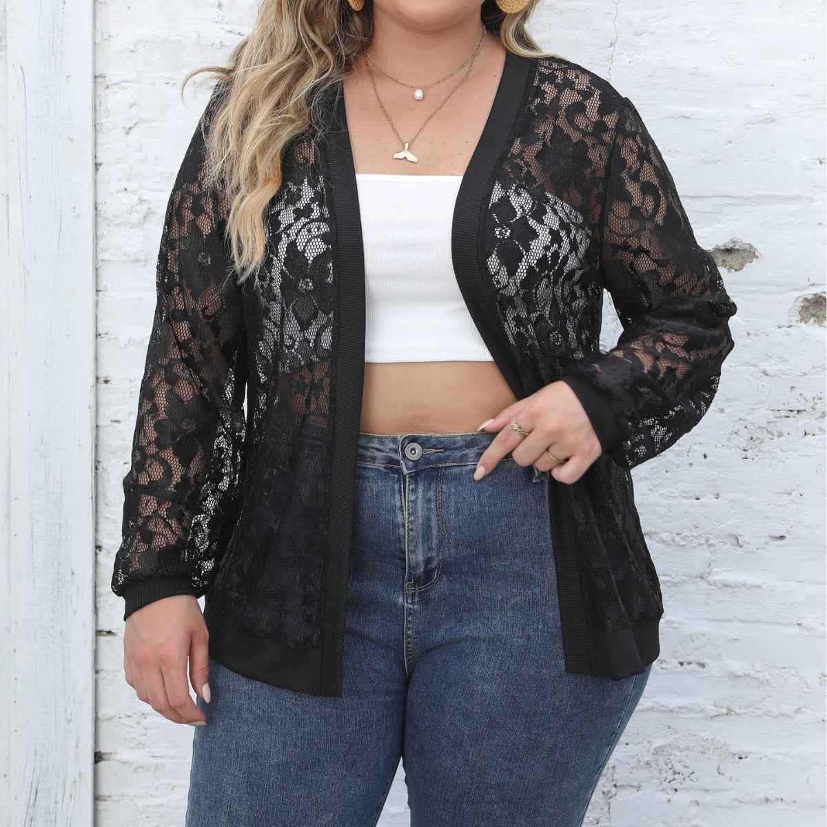 Sheer Mesh Open-Front Cardigan — Lace Ribbed Trim, Long Sleeve