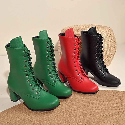 Womens Fashionable Block-heeled Lace-up Boots In Large Sizes