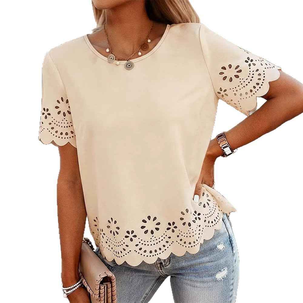 Hollow-out Embroidered Crew-Neck Short-Sleeve Top