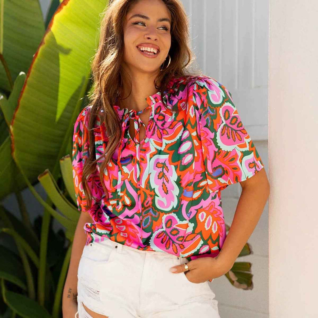 Women's Floral Print Chiffon Blouse – Contrast Detail Pullover Top
