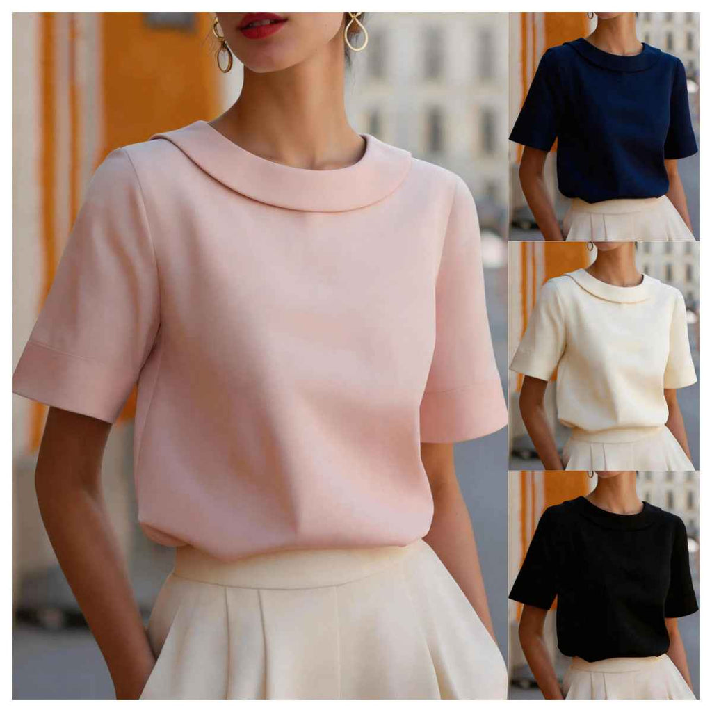 Womens Solid-color Crew-neck Versatile Short-sleeve Top