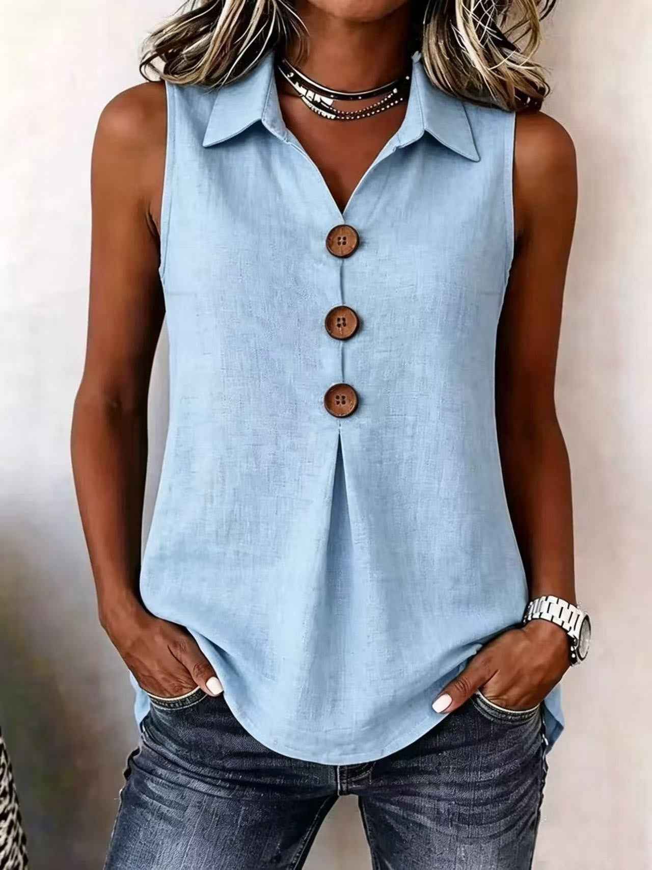 Women's Notch Neck Sleeveless Button Vest