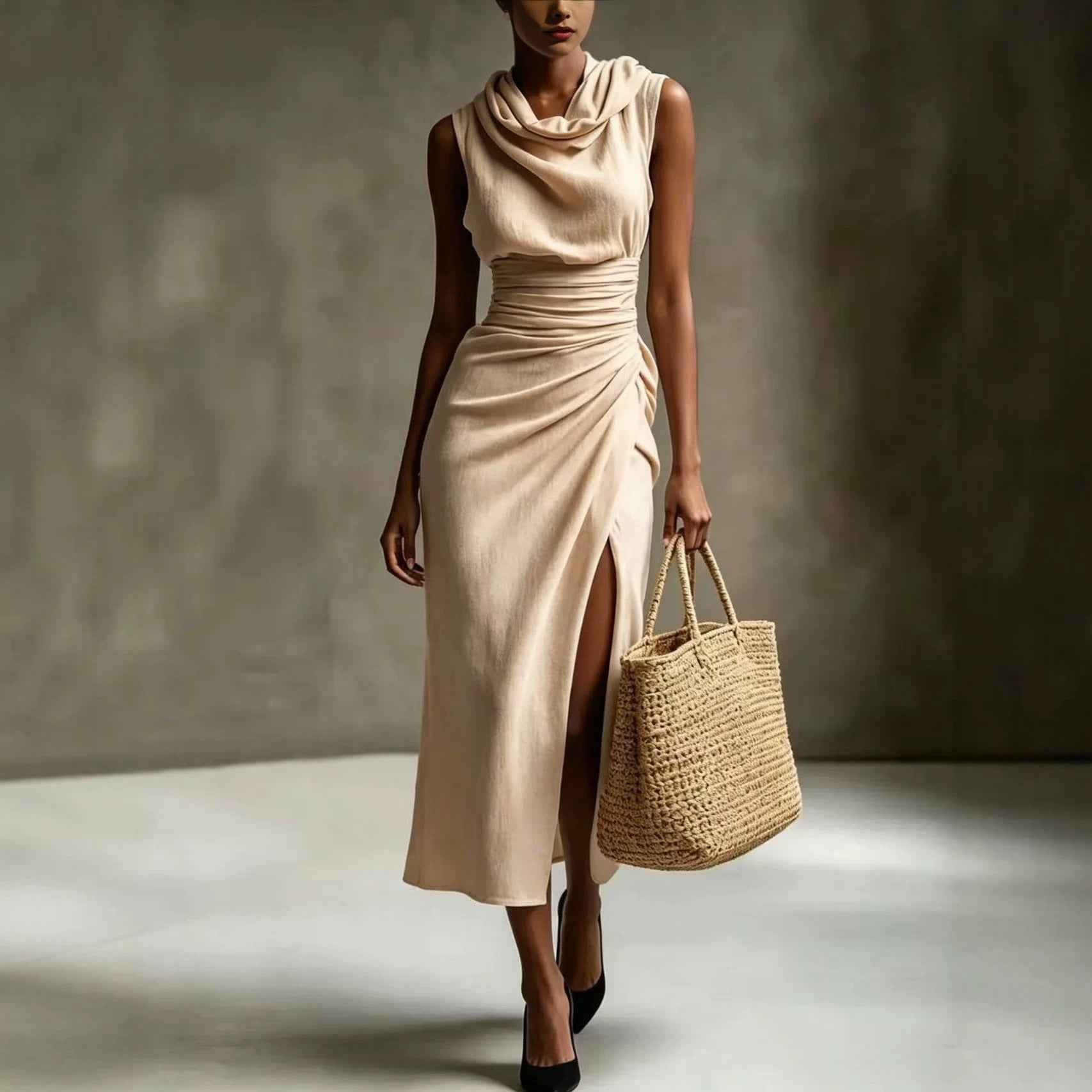 Sleeveless High-Waist Pleated Ruched Backless Slit Cotton-Linen Maxi Dress