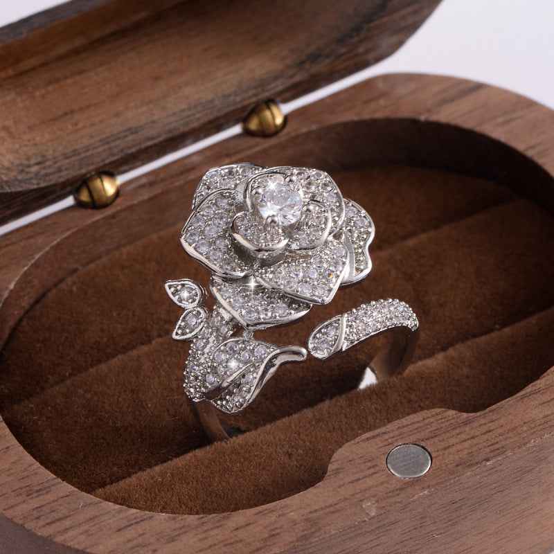 Fashionable Light-luxury High-end Diamond-studded Camellia Open Ring