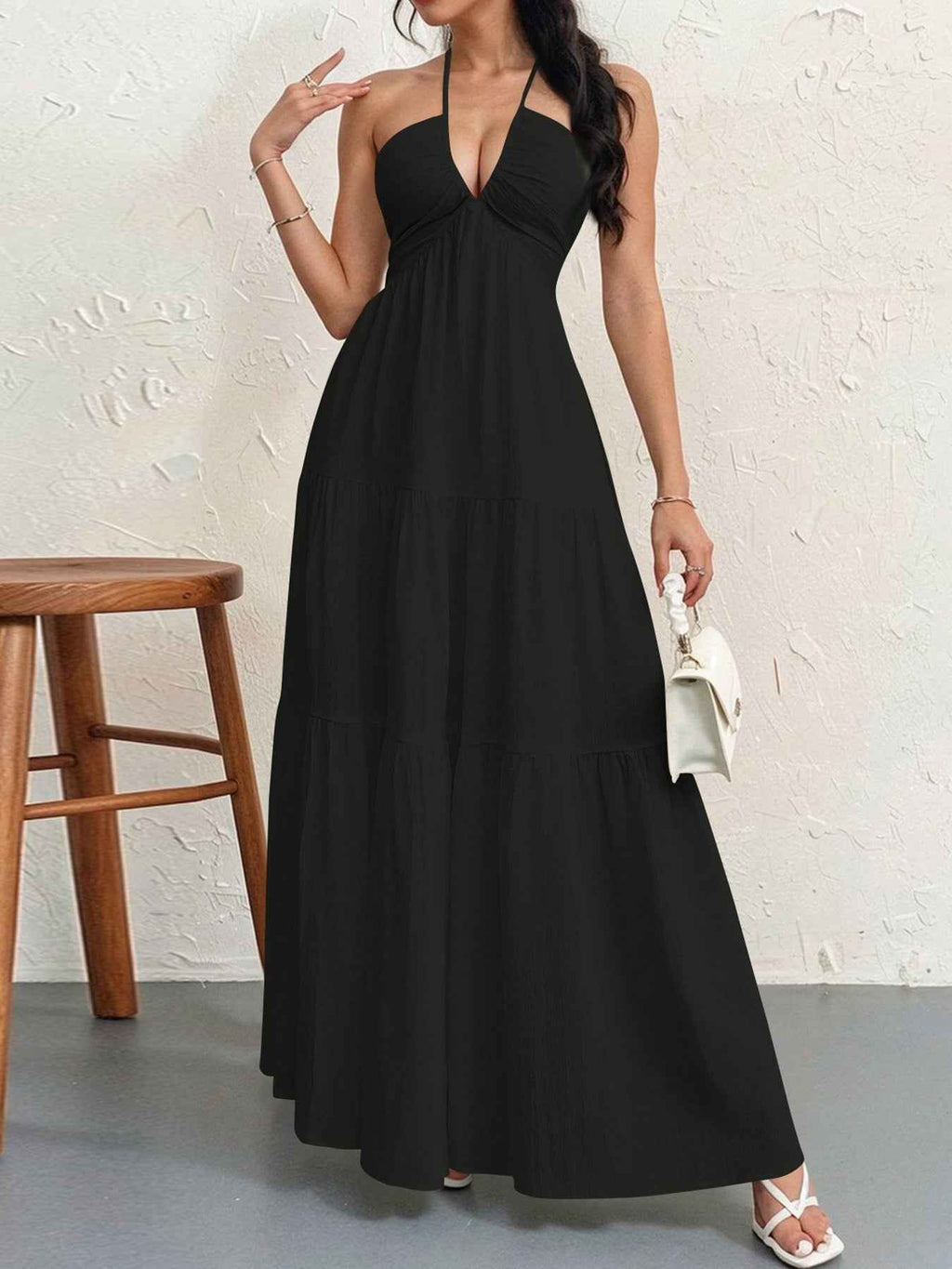 High-Waist V-Neck Patchwork Flared Hem Maxi Dress