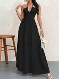 High-Waist V-Neck Patchwork Flared Hem Maxi Dress