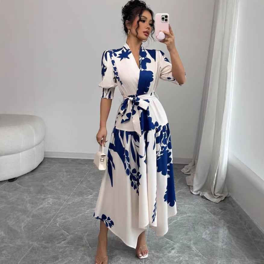 Floral Print V-Neck A-Line Midi Dress — Blue & White, S–XL
