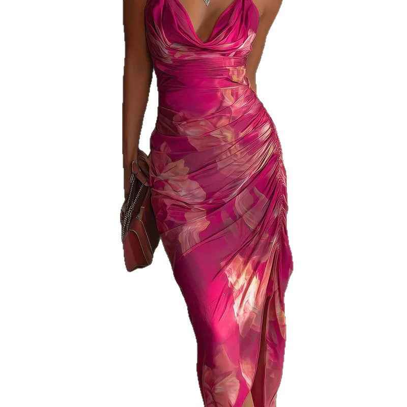 Strapless Backless High-Slit Dress — Printed High-Waist
