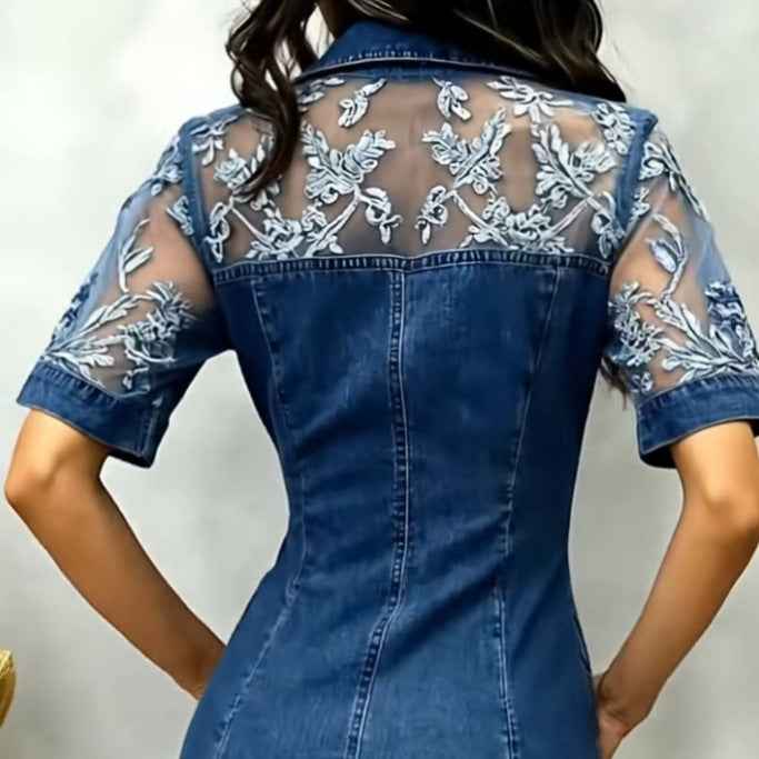 Womens Fashion Casual Patchwork Lace Denim Mini Dress