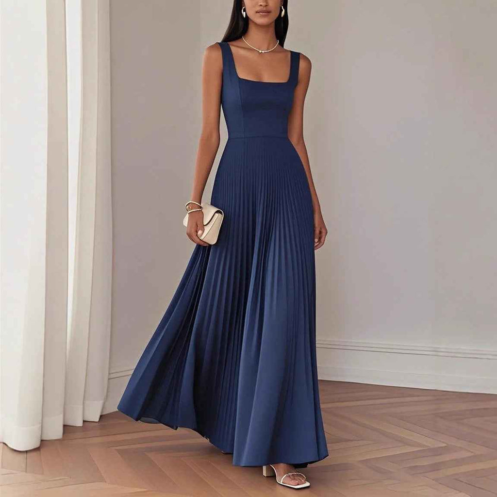 Elegant Pleated Midi Dress – A-Line Sleeveless Patchwork