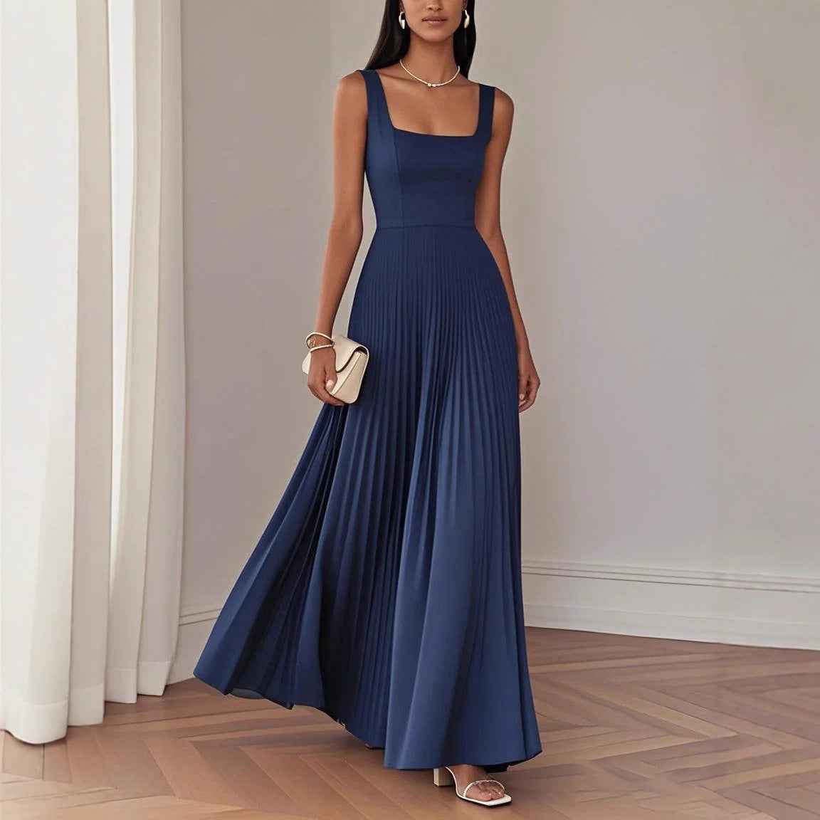 Elegant Pleated Midi Dress – A-Line Sleeveless Patchwork