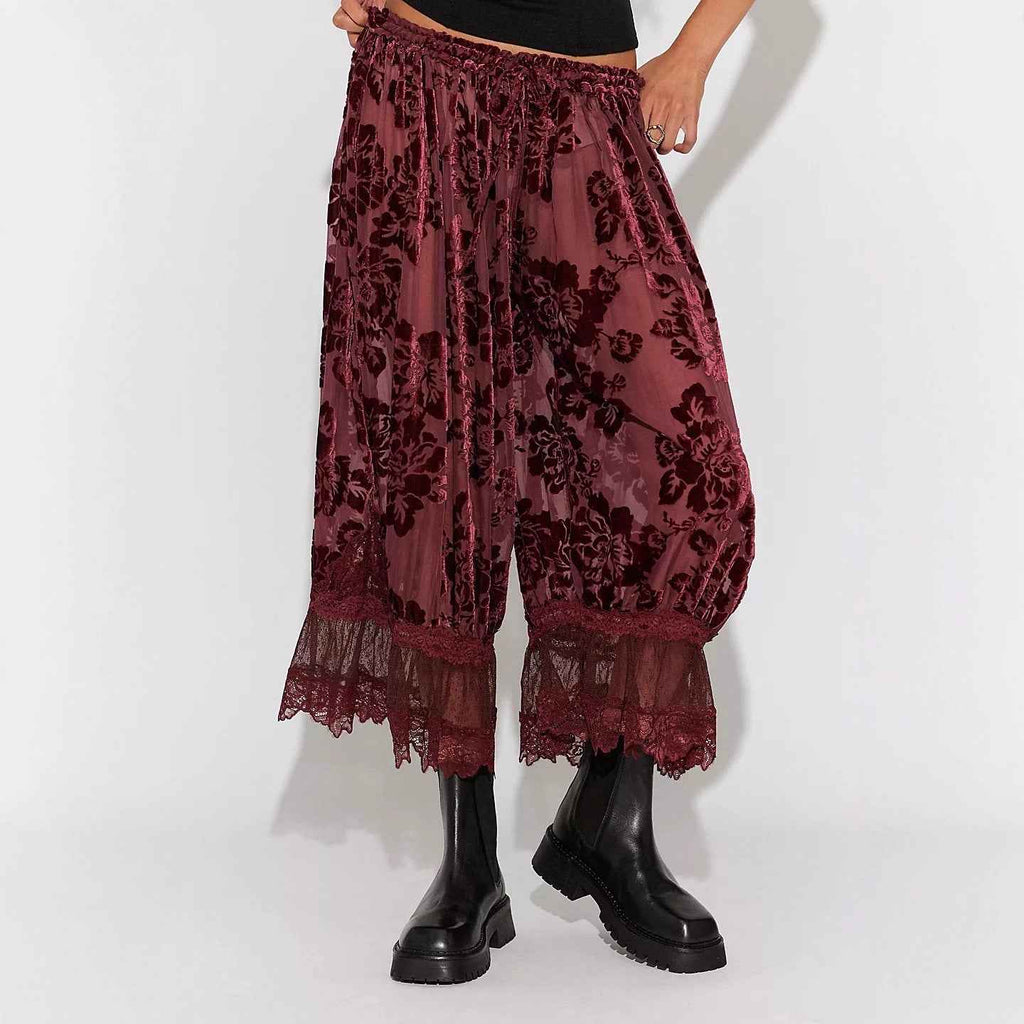 Women's High-Waist Lantern Cropped Trousers – Lace Trim, 5 Colours