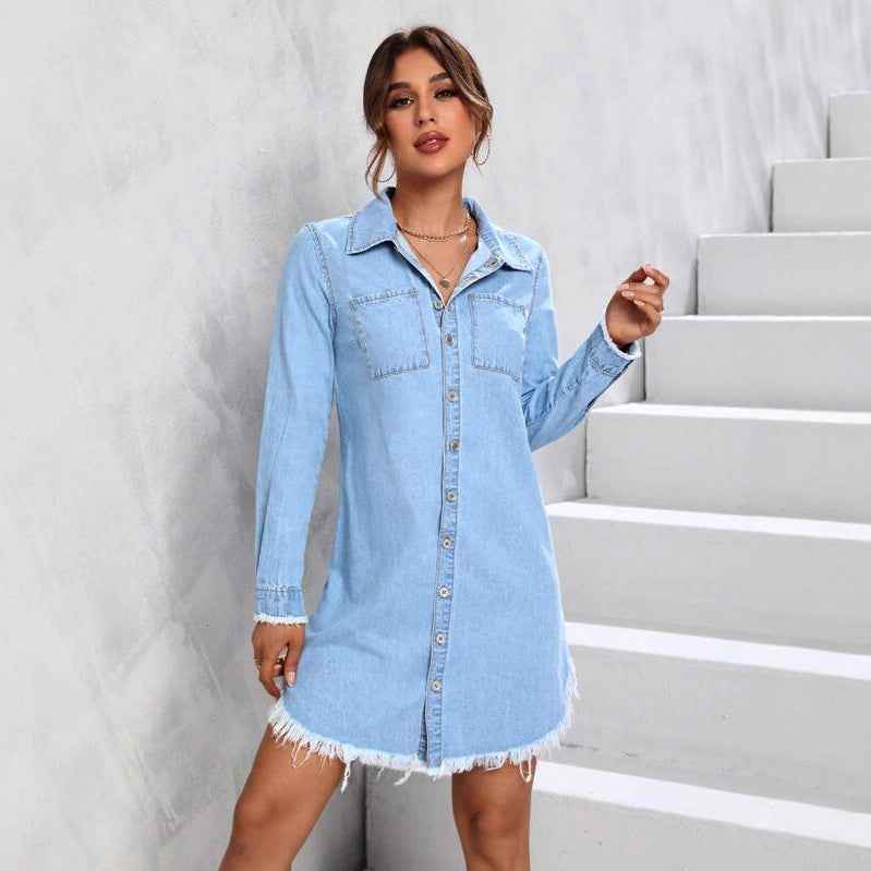 Light Blue Frayed-Edge Denim Jacket – Casual A-Line Style