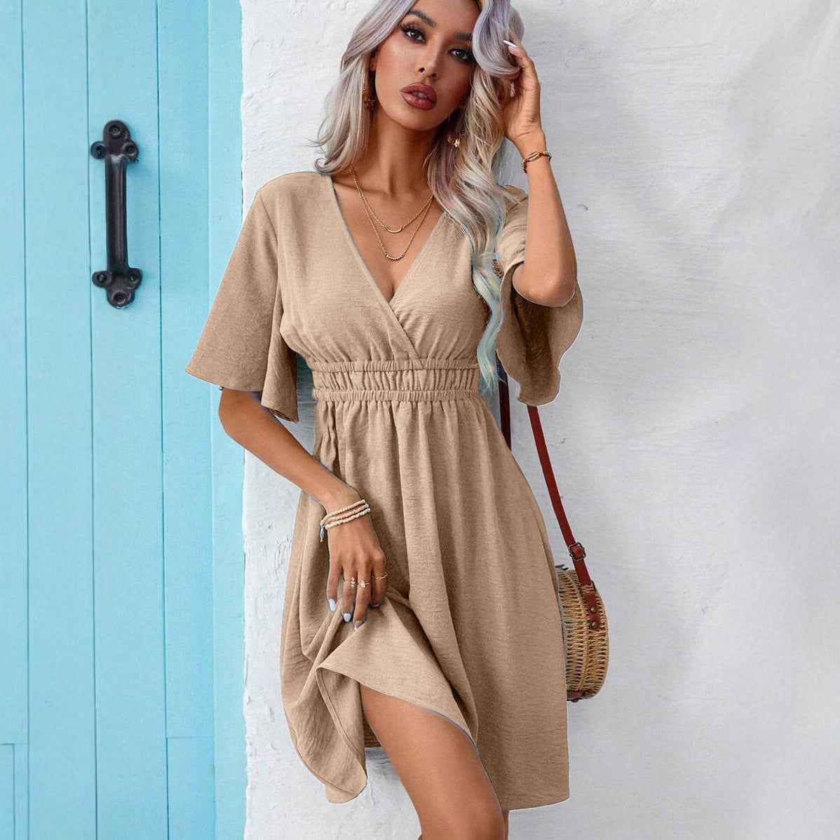 V-Neck High Waist Flared Dress – Short Sleeve Summer Dress
