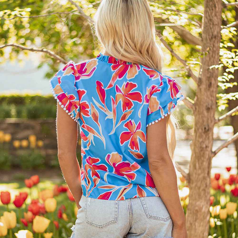 Printed Ruffle-Sleeve Loose-Fit Top