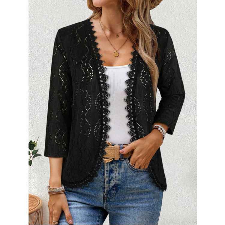 Womens Fashion Lace-spliced Long-sleeve Top