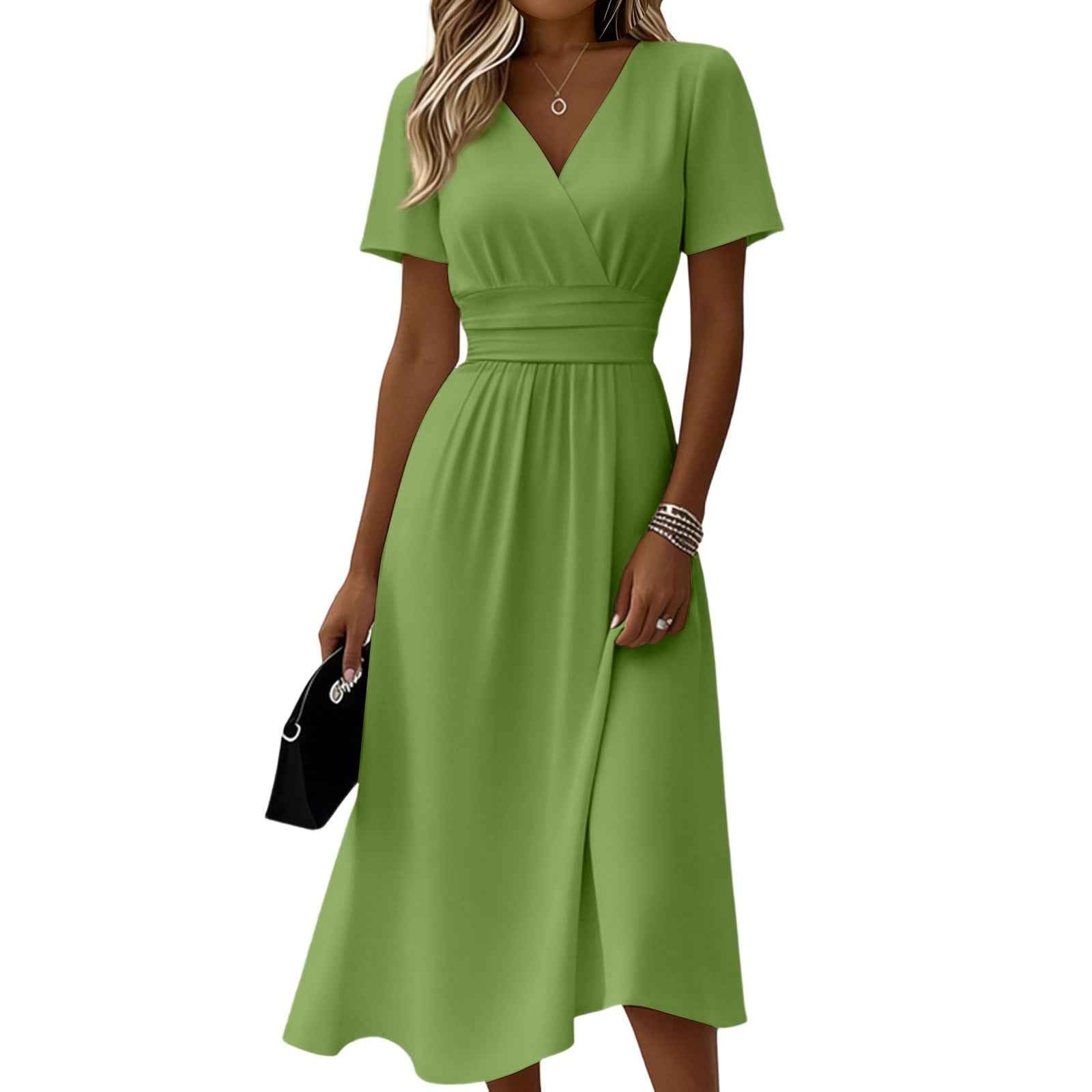 A-Line Pleated Midi Dress – V-Neck, Short Sleeve, High Waist, 14 Colours
