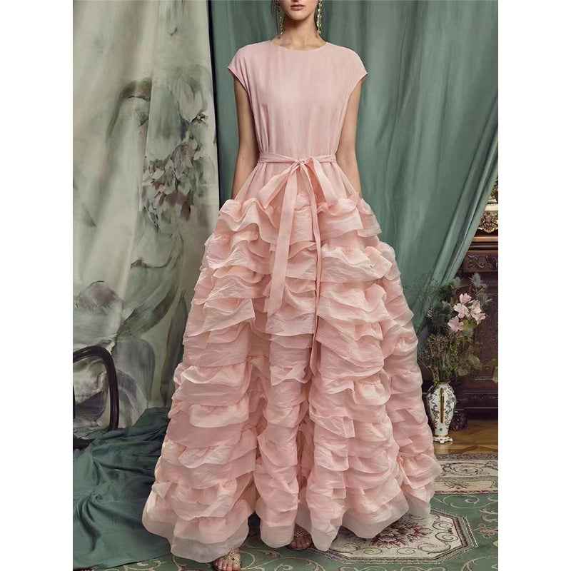A-Line Floor-Length Multi-Layer Ruffle Colour-Block Maxi Dress