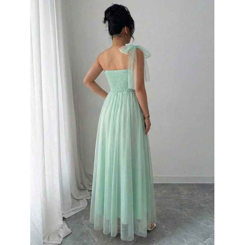 Womens Sleeveless Sheath Dress With Mesh One-Shoulder Design And Lace-Up Waist