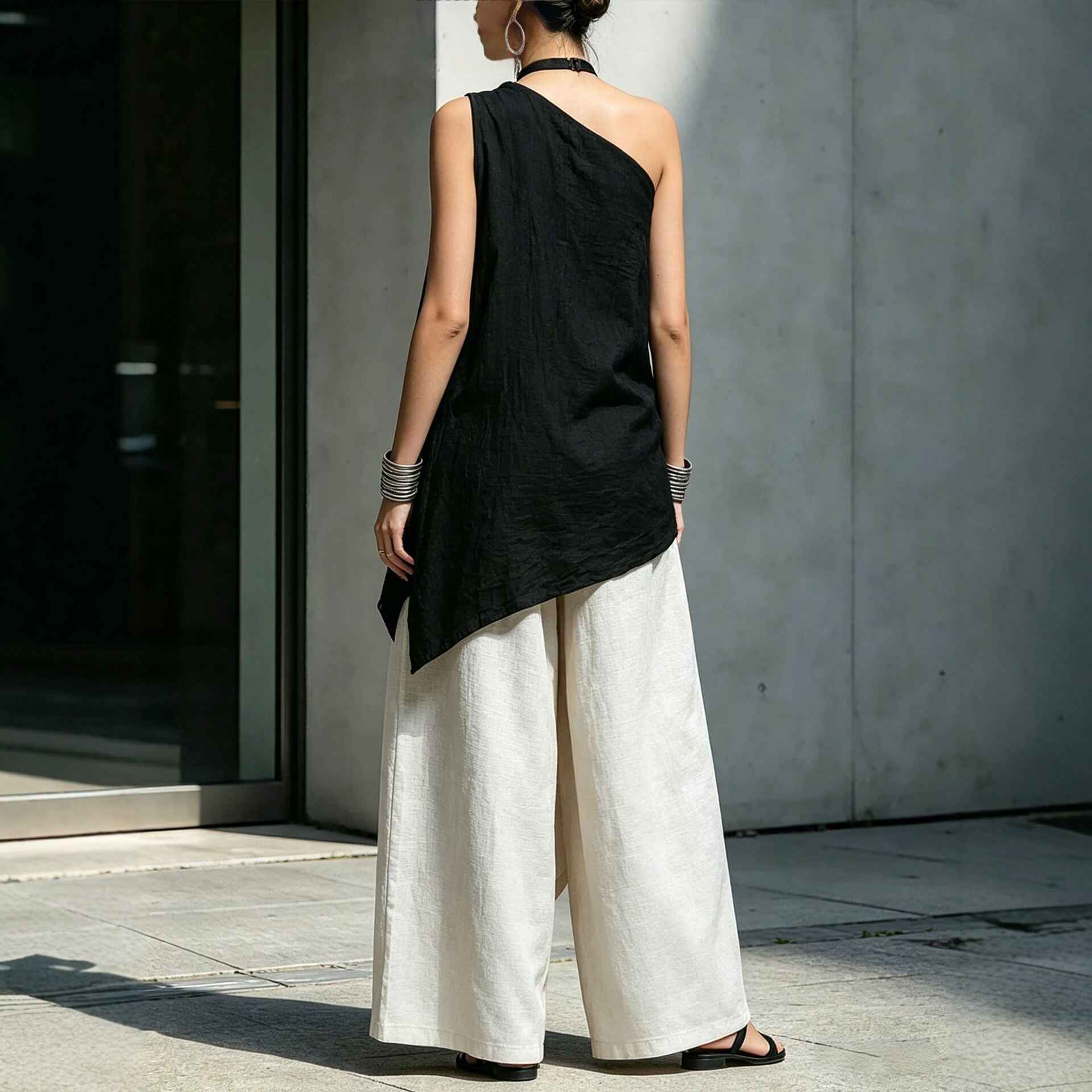 Women's Asymmetric One-Shoulder Pleated Cotton-Linen Top