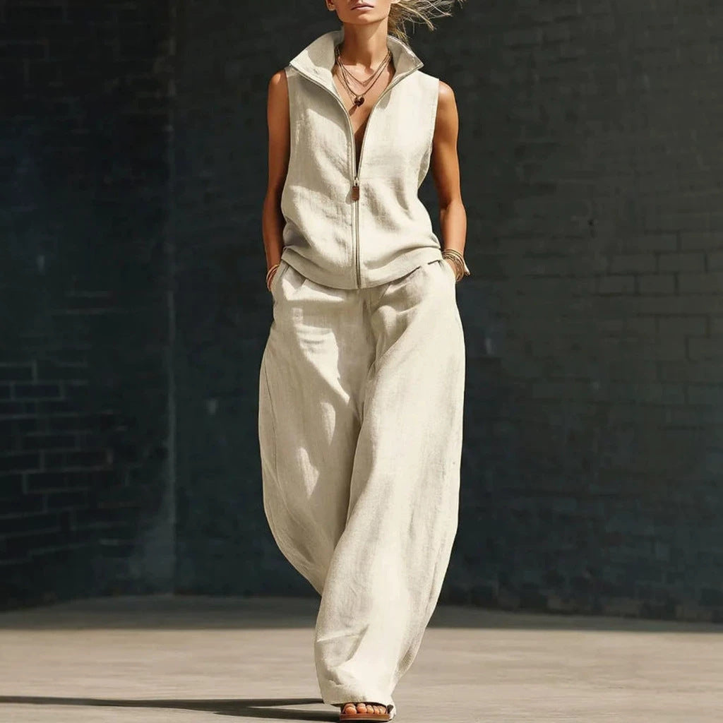 Sleeveless Stand-Collar Zip Linen Cardigan & Full-Length Pants Set