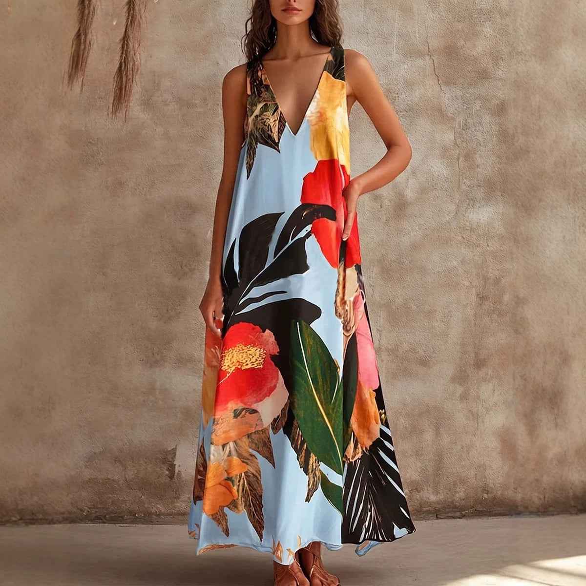 V-Neck Printed Sleeveless Vest Dress — Loose Fit Mid-Rise