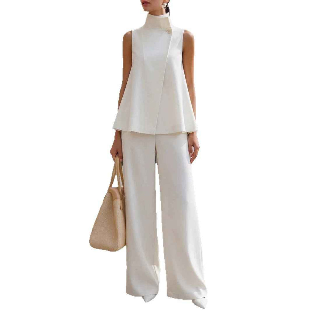 Womens Stand-collar Sleeveless Top And Elastic-waist Wide-leg Pants