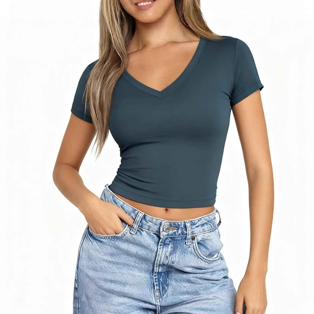 V-Neck Slim-Fit Short-Sleeve Top – Brushed Milk Silk | 6 Colours
