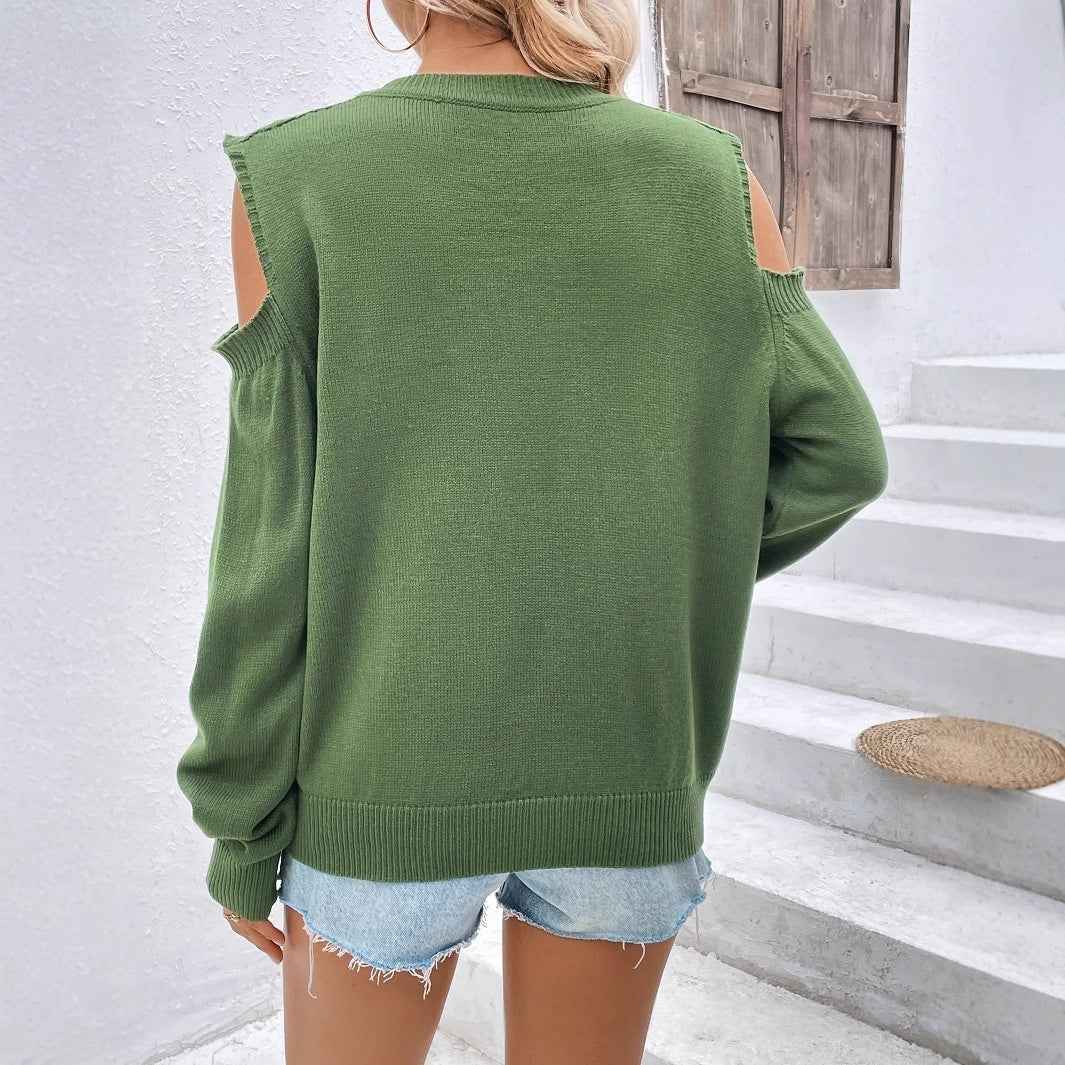 Off-Shoulder Knit Sweater – Hollow-Out Long Sleeve Pullover